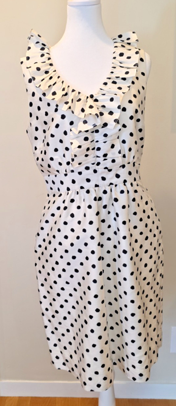 Kate Spade New York 100% Silk Polka Dot Ruffle Dress Pockets Ivory Black 8